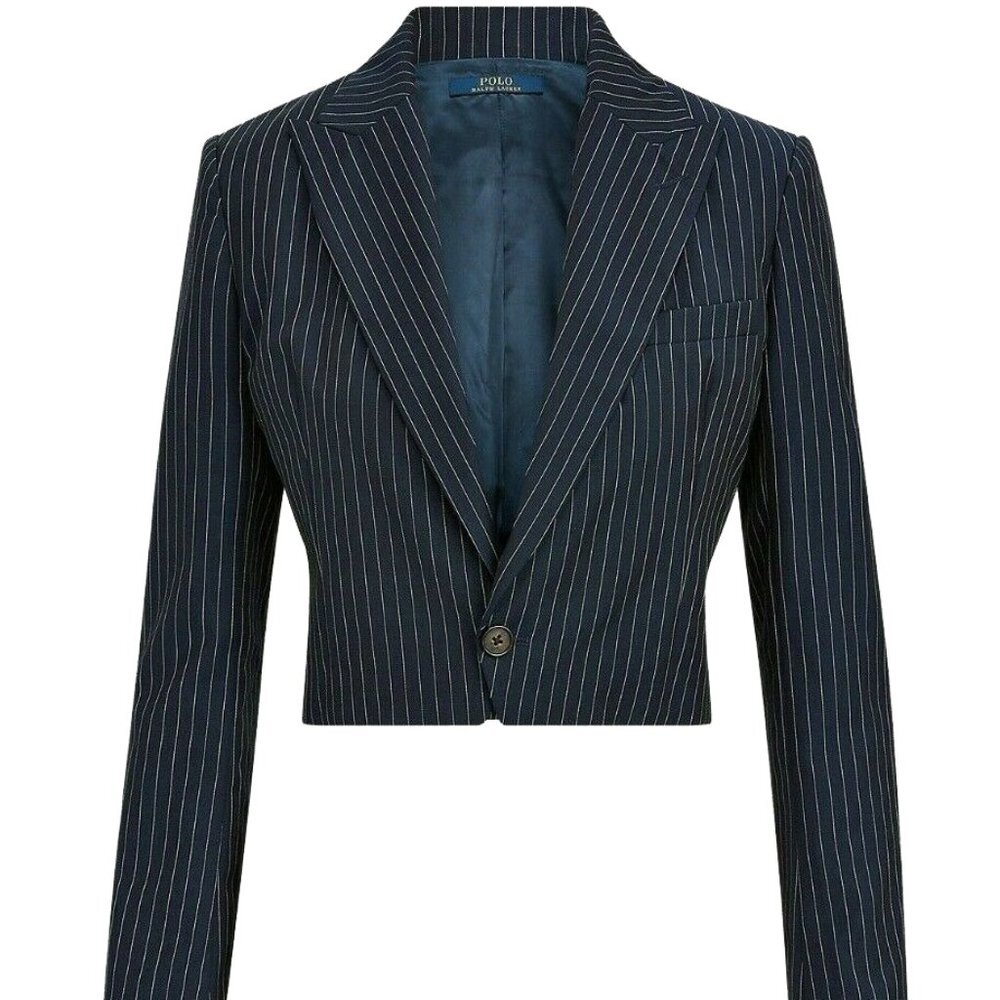 NWT Polo Ralph Lauren Womens Cropped Navy Wool Striped Button Blazer Jacket 10